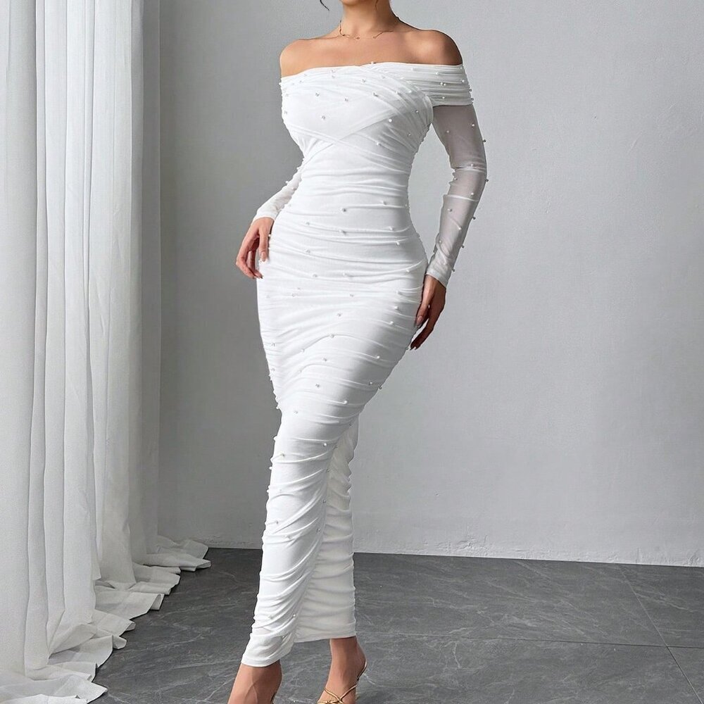 White Elegant Women's Open Shoulder Ruched Maxi Dress with Pearl Decor - Picture 4 of 8